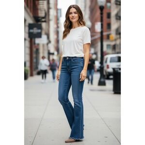 Seven7 Womens High Rise Flare Jeans Dark Wash Raw Hem Blue Denim Size 6